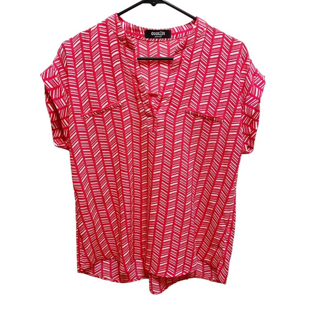 Cookies Hawaii Red & White Geometric Print V-Neck Short Sleeve Blouse Large